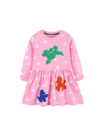 Kleinkind Mädchen Langarm Baumwollkleid Mit Punktmuster Und Pudel Stickerei Rosa Strickkleid Für Kinder