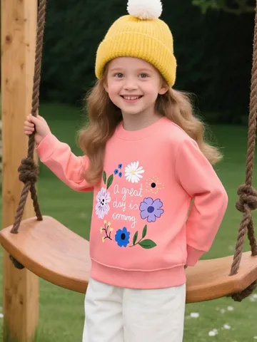 Sweatshirt en Coton Rose pour Fille Pull avec Imprimé Floral Manches Longues Col Rond Confortable Décontracté Sportif Haut Enfant