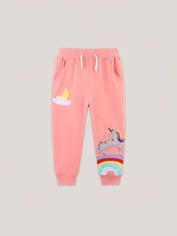 Mädchen Mode Baumwolle Jogger Weiche Rosa Sporthose Mit Süßem Einhorn Applikation Regenbogen Stickerei Für Kinder Alltag