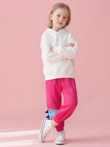 Pantaloni Sportivi da Ragazza in Cotone Stile Occidentale Dinosauro Cartone Animato Patch Ricamata Rosa Fucsia Joggers Casual
