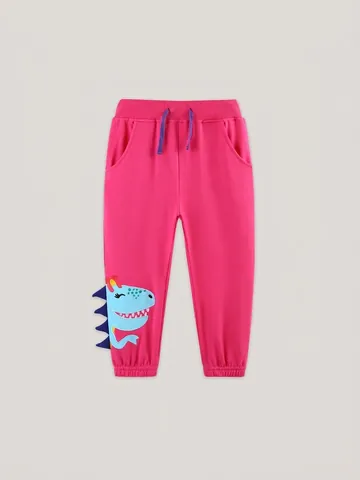 Pantaloni Sportivi da Ragazza in Cotone Stile Occidentale Dinosauro Cartone Animato Patch Ricamata Rosa Fucsia Joggers Casual