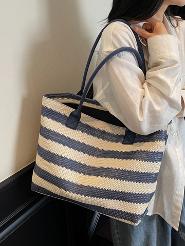 Sac Cabas Tissé à Rayures de Grande Capacité pour Femmes Sac à Main en Paille Décontracté pour la Plage et les Vacances