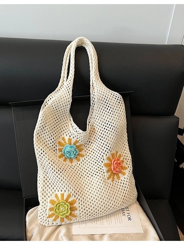 Bolso Tote de Ganchillo a Mano con Flores para Mujer Bolso de Hombro Tejido Malla Calada Gran Capacidad Bolso de Playa Verano