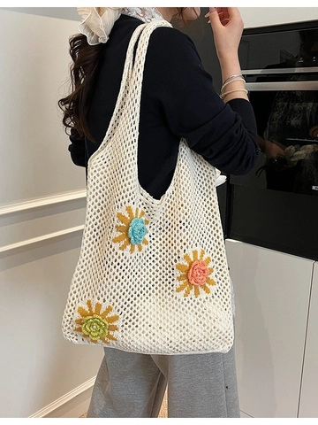 Bolso Tote de Ganchillo a Mano con Flores para Mujer Bolso de Hombro Tejido Malla Calada Gran Capacidad Bolso de Playa Verano