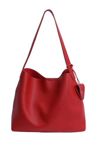 Women Large Capacity PU Leather Tote Bag Minimalist Litchi Grain Shoulder Bag With Charm Magnetic Buckle Commuter Handbag