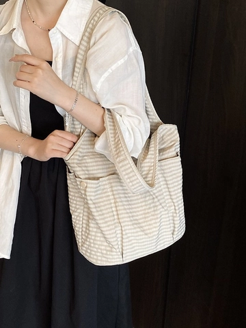Grand Sac Cabas en Toile pour Femmes Motif Plaid Rayé Sac à Épaule Bandoulière Décontracté Quotidien Navettage Main