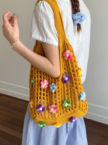 Borsa Tote da Donna in Tessuto Uncinetto Fatto a Mano Fiori Dolci Design Traforato Borsa a Tracolla Spiaggia Estiva Maglieria Casual