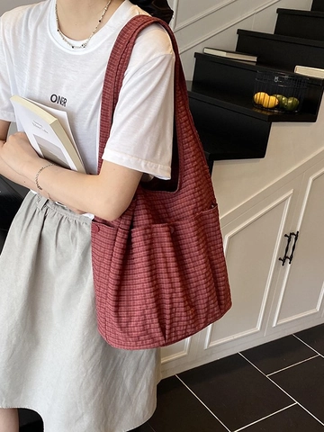 Grand Sac Cabas en Toile pour Femmes Motif Plaid Rayé Sac à Épaule Bandoulière Décontracté Quotidien Navettage Main