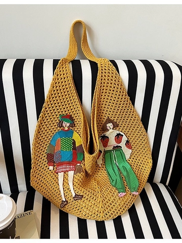 Damen Casual Strick Hobo Tasche Große Kapazität Häkeln Gewebte Tragetasche Mit Cartoon Figur Patchwork Stickerei Für Strand Reisen