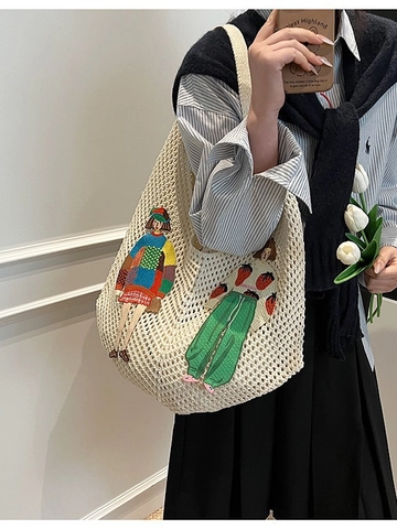 Damen Casual Strick Hobo Tasche Große Kapazität Häkeln Gewebte Tragetasche Mit Cartoon Figur Patchwork Stickerei Für Strand Reisen