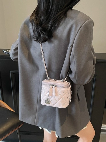 Mini Sac Bandoulière Femme en Cuir PU Matelassé Chaîne Strass Sac À Épaule Petit Carré Vanity Case Avec Pendentif Rose Élégant