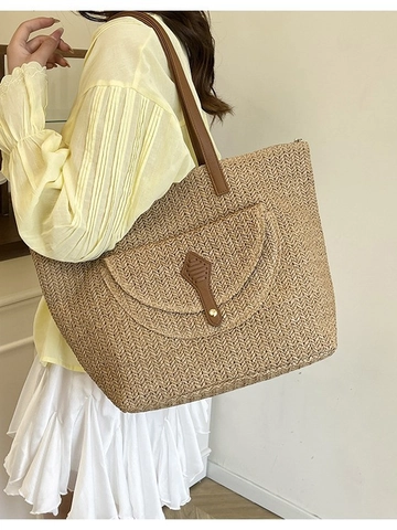 Sac Cabas en Paille Tissé Vintage pour Femmes Grande Capacité Sac à Bandoulière de Plage Décontracté Avec Poignées en Cuir PU