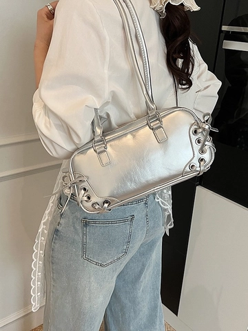 Borsa Sottobraccio in PU con Fiocco Moda Donna Borsa a Tracolla Lucida Metallizzata Stile Y2K Borsa a Mano per Uso Quotidiano