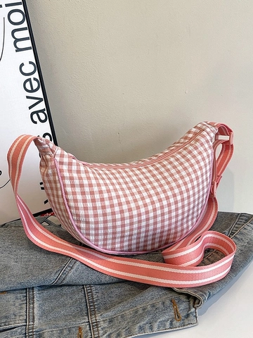Women Gingham Crescent Crossbody Bag Trendy Polyester Dumpling Shoulder Bag Casual Ruched Plaid Moon Bag For Daily Commuting
