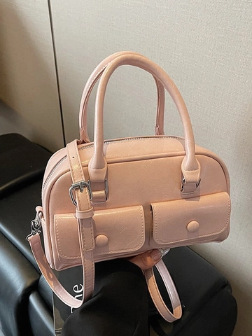 Borsa Boston da Donna in Pelle PU Design di Nicchia Borsa a Cuscino Con Doppie Tasche Frontali Tracolla Regolabile Moda Quotidiana