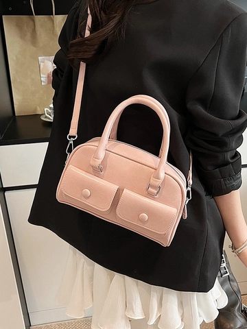Borsa Boston da Donna in Pelle PU Design di Nicchia Borsa a Cuscino Con Doppie Tasche Frontali Tracolla Regolabile Moda Quotidiana