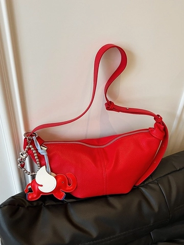 Women Retro Pleated Hobo Bag Lychee Pattern PU Leather Dumpling Crossbody Bag With Elephant Charm Fashion Shoulder Bag