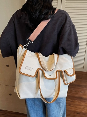 Women Large Capacity Canvas Tote Bag Fashion Color Block Workwear Style Shoulder Bag Commute Student Splicing Handbag