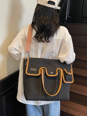 Women Large Capacity Canvas Tote Bag Fashion Color Block Workwear Style Shoulder Bag Commute Student Splicing Handbag