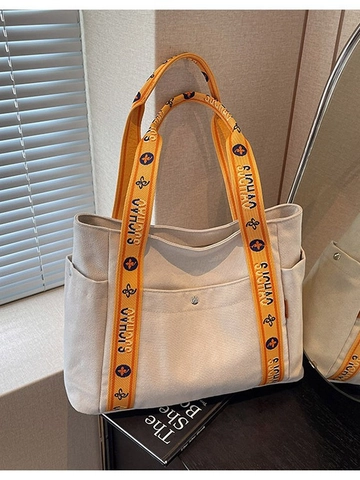 Women Large Capacity Canvas Tote Bag Casual Shoulder Shopping Bag For Students Printed Wide Straps Retro Fashion Handbag
