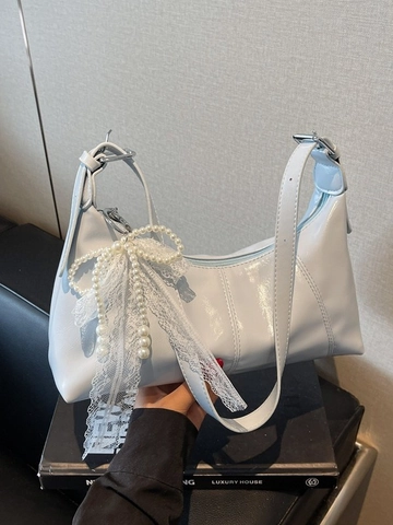 Women Korean Style Large Capacity Underarm Bag Glossy PU Leather Hobo Bag With Lace Artificial Pearl Bow Charm Shoulder Bag