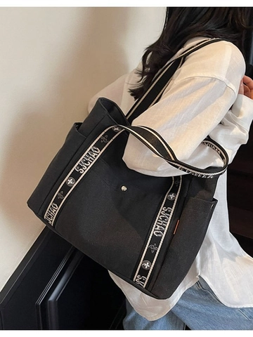 Women Large Capacity Canvas Tote Bag Casual Shoulder Shopping Bag For Students Printed Wide Straps Retro Fashion Handbag