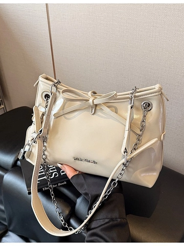Women Glossy PU Leather Bowknot Crossbody Bag With Silver Chain Strap Padlock Decoration Fashion Underarm Shoulder Bag Gift