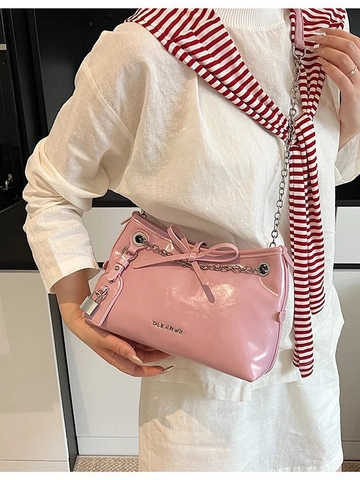 Women Glossy PU Leather Bowknot Crossbody Bag With Silver Chain Strap Padlock Decoration Fashion Underarm Shoulder Bag Gift