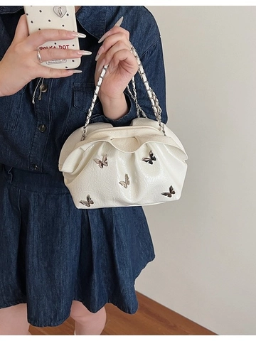 Women's Pleated Cloud Bucket Bag Silver Butterfly Metal Decor Soft PU Leather Chain Shoulder Crossbody Bag Trendy Handbag
