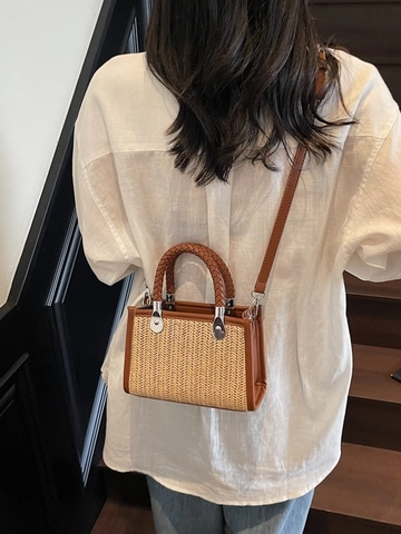 Borsa a Tracolla Retrò in Paglia Intrecciata per Donna Manico Intrecciato Estate Casual Spiaggia Borsa a Mano Con Cuciture in Pelle PU