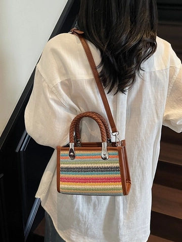 Borsa a Tracolla Retrò in Paglia Intrecciata per Donna Manico Intrecciato Estate Casual Spiaggia Borsa a Mano Con Cuciture in Pelle PU