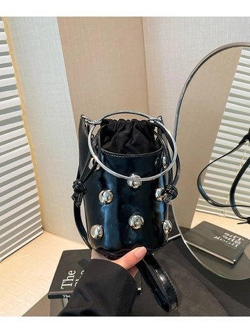 Women Rivet Bucket Bag Shiny PU Leather Metal Ring Handle Drawstring Crossbody Shoulder Bag Trendy Y2K Punk Style Handbag