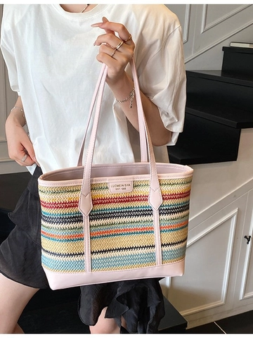 Bunt Gestreifte Gewebte Tote Bag Große Kapazität Lässige Schultertasche Damen Strand Reise Handtasche PU Lederbesatz