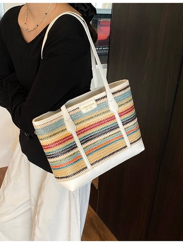 Bunt Gestreifte Gewebte Tote Bag Große Kapazität Lässige Schultertasche Damen Strand Reise Handtasche PU Lederbesatz