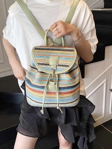 Women Fashion Striped Woven Backpack Summer Holiday Straw Bag With PU Leather Trim Drawstring Casual Travel Daypack For Students