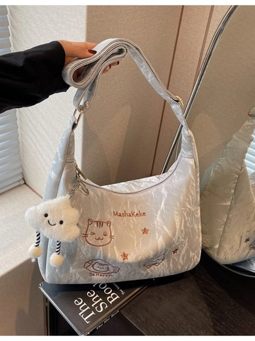 Fashion Large Capacity Tote Bag For Women Cute Cartoon Cat Embroidery Pleated Shoulder Bag With Cloud Pendant Travel Purse