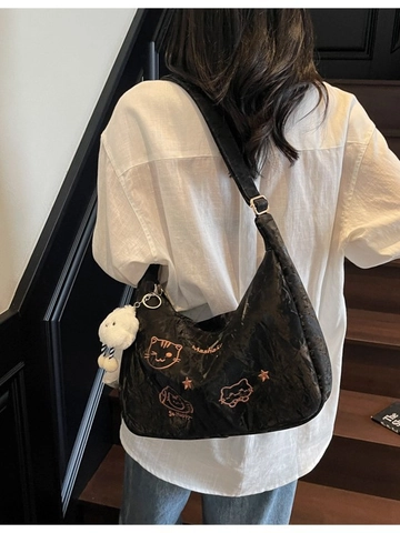 Fashion Large Capacity Tote Bag For Women Cute Cartoon Cat Embroidery Pleated Shoulder Bag With Cloud Pendant Travel Purse