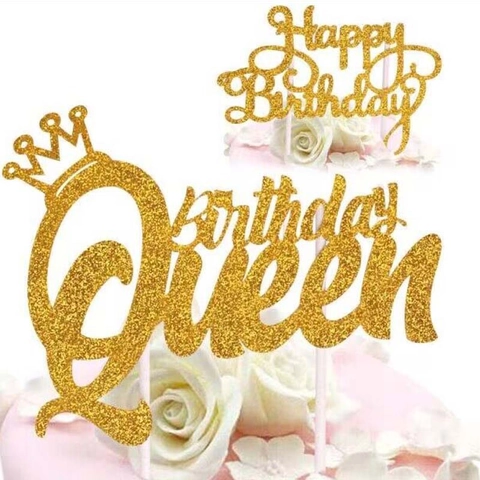 Topper per Torta Happy Birthday Oro Glitterato Taglio Laser Birthday Queen Corona Decorazione per Torta di Compleanno
