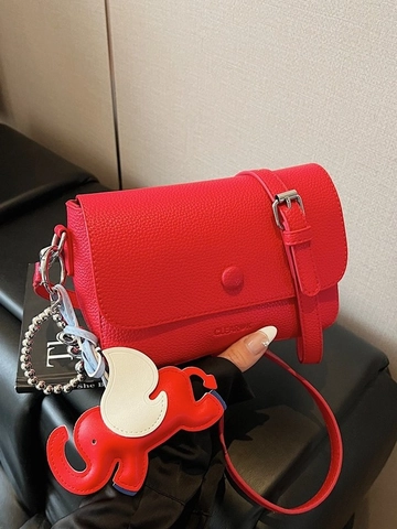 Women Litchi Pattern PU Leather Crossbody Bag Minimalism Small Square Shoulder Bag With Adjustable Strap And Elephant Pendant