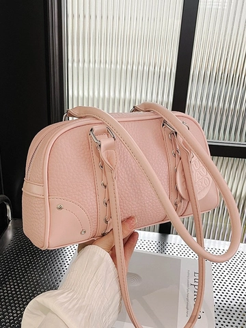 Women Lychee Pattern PU Leather Shoulder Bag Vintage Rivet Decorative Pillow Bag Large Capacity Casual Underarm Handbag