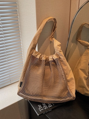 Women Lightweight Mesh Nylon Tote Bag Large Capacity Hollow Out Shoulder Bag With Inner Pouch For Holiday Travel Daily Use