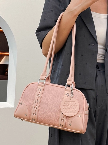 Women Lychee Pattern PU Leather Shoulder Bag Vintage Rivet Decorative Pillow Bag Large Capacity Casual Underarm Handbag