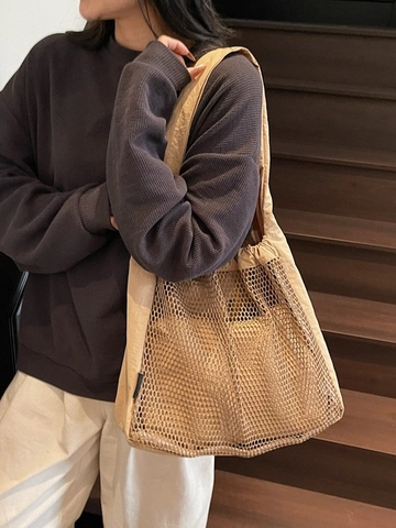 Women Lightweight Mesh Nylon Tote Bag Large Capacity Hollow Out Shoulder Bag With Inner Pouch For Holiday Travel Daily Use
