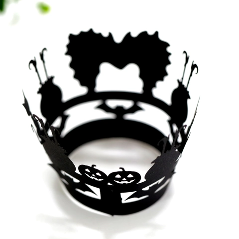Halloween Cupcake Wrappers Black Laser Cut Cardboard Pumpkin Bat Witch Silhouette Holiday Party Cake Decoration Supplies