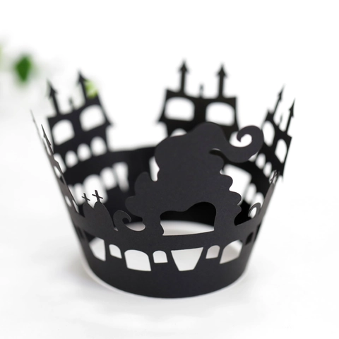 Involucri per Cupcake di Halloween Taglio Laser Cartone Nero Gotico Castello Mago Silhouette Traforata Decorazione Torta Festa