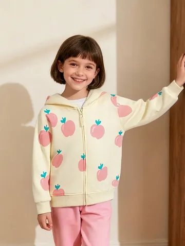 Girls Cotton Blend Zip Up Hooded Sweatshirt Jacket Cartoon Fruit Printed Long Sleeve Fall Hoodie For Kids Toddlers Outerwear