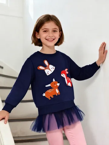 Toddler Girls Navy Blue Cotton Sweatshirt Dress Animal Embroidery Mesh Patchwork Long Sleeve Pullover Autumn Clothing