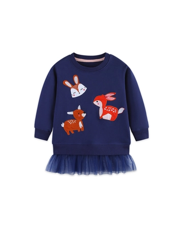 Toddler Girls Navy Blue Cotton Sweatshirt Dress Animal Embroidery Mesh Patchwork Long Sleeve Pullover Autumn Clothing