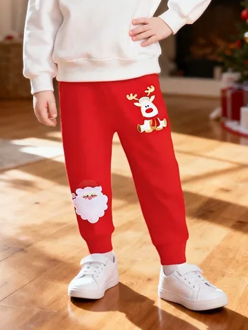 Kinder Mädchen Weihnachten Bestickte Jogginghose Rot Baumwolle Jogger Mit Weihnachtsmann Rentier Muster Festliche Herbst Hosen