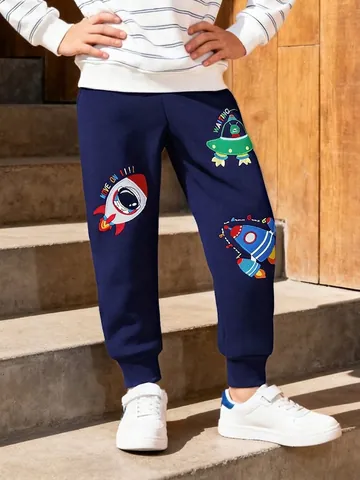 Boys Cotton Sweatpants With Rocket Embroidery Elastic Waist Casual Joggers For Kids Sports Wear